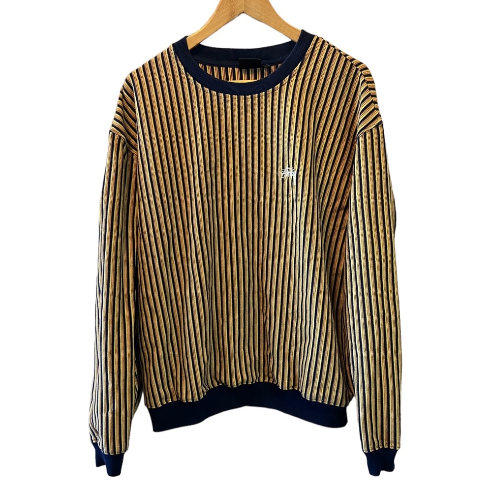 MENS STUSSY Blue & Yellow Knit Crew Neck Striped Pullover Sweater XL